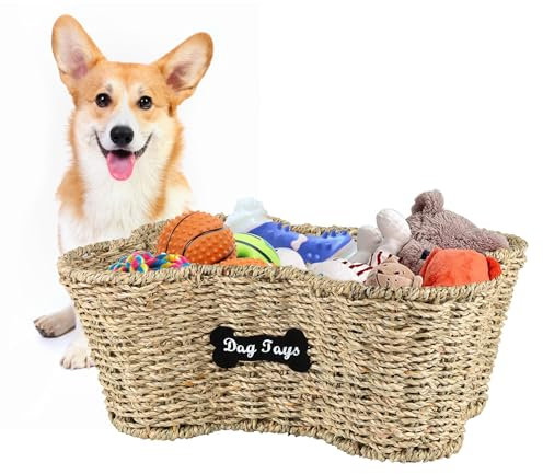 Ctomche Bone Shaped Dog Toy Basket Seagrass Dog Toy Bin Pet Toy Storage Containers Wicker Toy Box Handmade Food Organiser Boxes Medium Dog Toy Storage Box for Dog Food, Leashes, Blanket,Brown