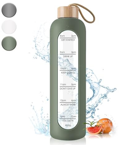 Drinking Bottle Glass 1 Litre with Time Markings - 1 Litre Leak-proof Sports Glass Water Bottle with Bamboo Lid for Sports, Leisure, 1000 ml Reusable Silicone Case Glass Drinking Bottle (Olive Green)