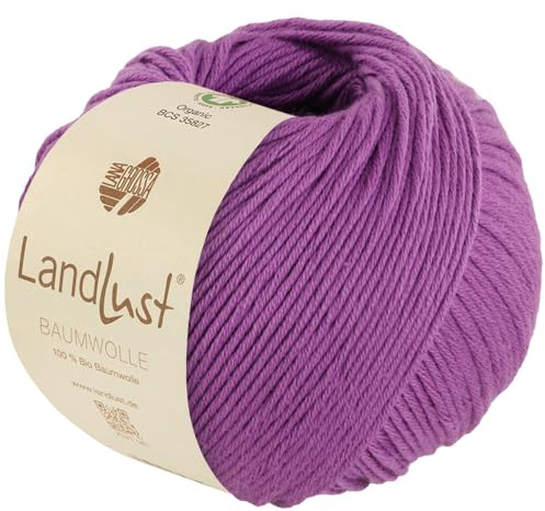 LANA GROSSA Landlust Baumwolle | Klassisches Bio-Baumwollgarn, Gots zertifiziert | Handstrickgarn aus 100% Baumwolle (Bio) | 50g Wolle zum Stricken & Häkeln | 115m Garn FB 22 Violett