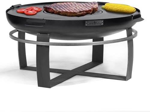 Ignition 24 Handcrafted Cooking Fire Pit with Cooking Grill Plate Attachment and Wood Burning Fireplace for Backyard Bonfire Campfire for Outside, Medium Outdoor Firepit, Raw Steel