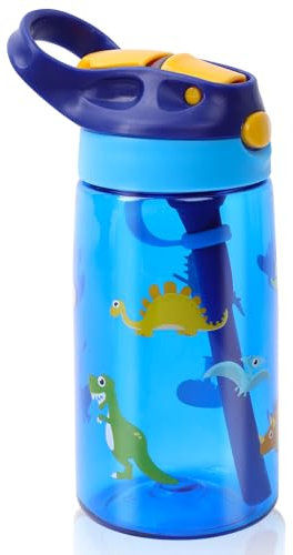 SENBSLAN Borraccia per bambini con cannuccia, 480 ml, per la scuola, a prova di perdite, bottiglia sportiva in Tritan senza BPA, per ragazze e ragazzi (dinosauro)