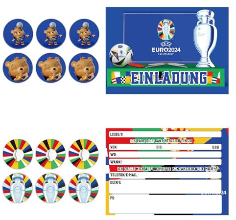 Amebleak Fußball Einladungskarten Em 2024-12 Einladungskarten - 12 Sammelsticker - 12 Umschläge, Fußball Euro 2024 Einladungen, Fußball Euro 2024 Invitation Card fur Europameisterschaft