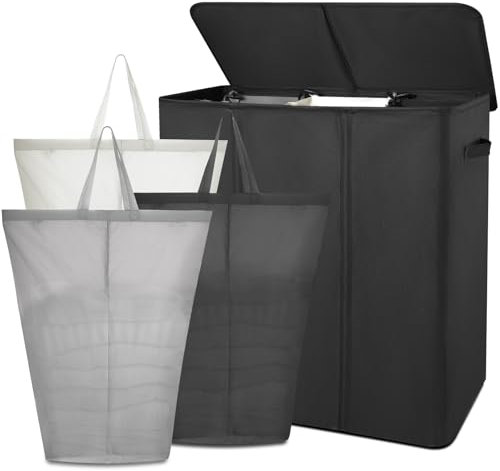 GMISUN Wäschekorb mit Deckel, 154L Wäschekorb 3 Fächer, Wasserabweisender Wäschesammler 3 Fächer & herausnehmbaren Wäschesäcke, Faltbarer Wäschekorb, Schwarz Wäschekorb 3 Fächer