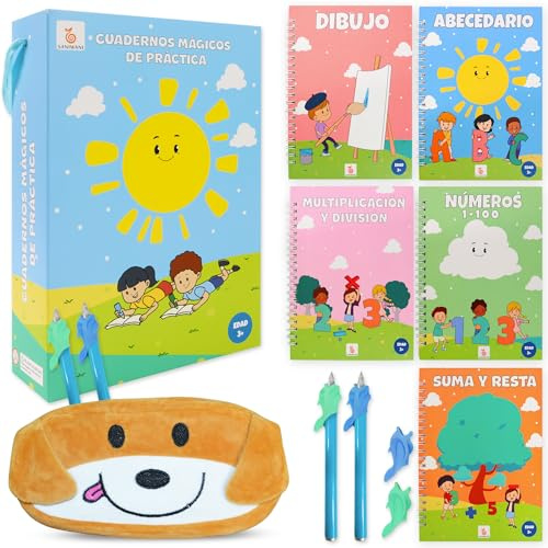 SANIWANI Magisk kalligrafi anteckningsbok för barn från 3 år och uppåt, återanvändbara, spanska paket med 5 böcker, lär sig att rita, skriva och groove siffror