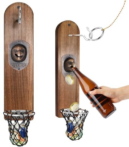 Flaschenöffner Wandmontage Flaschenöffner mit Auffangbehälter, SOARFLY Vintage Holz Bieröffner Wand mit Behälter, Bieröffner mit Hook Ringwurfspiel Bier Geschenke für Männer, Bar Zubehör, Adler