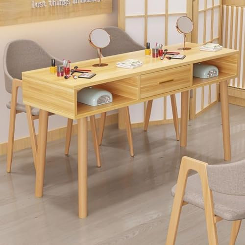 Nail Art Tisch mit Schublade, Marmorimitat Desktop und Massivholzbeinen, Werkbank für Nageltechniker mit freundlichen Paneelen
