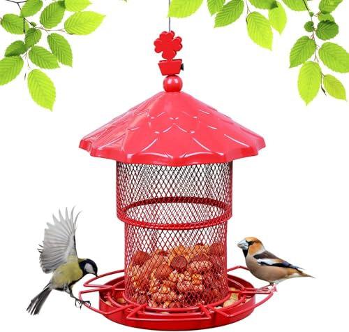 Urban Deco Metal Bird Feeders for Outside Wild Birds Ball Hummingbird Feeder, Squirrel Proof Bird Feeders for Bird Seed Birdfeeders Outside Hanging Decoration Garden Feeder (Red)