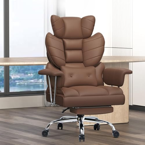 Racingreat Silla de Escritorio ergonómica con reposapiés Extensible,Silla de Oficina Ajustable en Altura,Respaldo Blando Grande,Apoyo Lumbar Individual,Silla de Oficina en Cuero de PU,Marrón