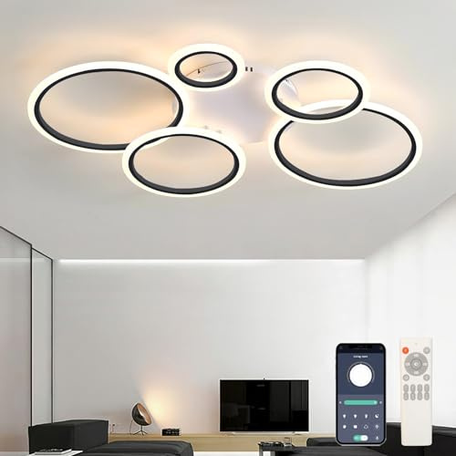 5 Ring Light Fittings Ceilings with Remote APP, 100cm LED Dimmable Ceiling Lights with Memory Function, Modern Ceiling Lamp 3000K-6000K, With Timer For Bedroom Living Room Kitchen Office-Black