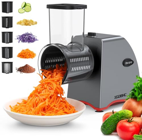 Grattugia elettrica per formaggio, macchina per insalata aggiornata con 5 lame in acciaio sostituibili, trituratore elettrico per formaggio da 250 W, con controllo one-touch, affettatrice da cucina