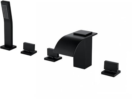 Moderne schwarze Messing 5 Loch Wasserfall Badewannenarmatur mit Duschset heiß und kalt Doppelgriff Badewanne Rand Mischbatterie Ausziehbares Design Stilvolle Badezimmer-Armatur