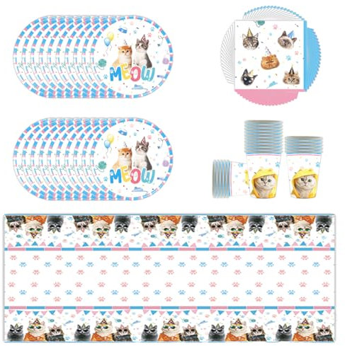 YINcrinx Bonita vajilla de fiesta para gatos, incluye platos, tazas, manteles, servilletas, adecuada para picnics al aire libre, fiestas de cumpleaños, baby shower, hasta 20 invitados