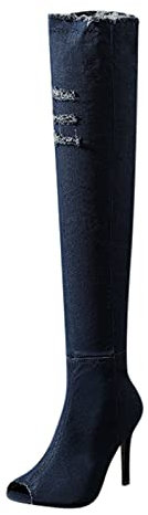 Stivali sopra il ginocchio, da donna, sexy, con tacchi alti, con chiusura lampo, a spillo, a gambo lungo, effetto jeasn, eleganti scarpe da sera, Blu marino, 41 EU