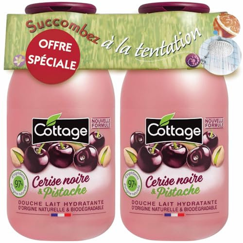 Cottage - Lot de 2 douches lait hydratantes - Cerise noire et Pistache - 97% d'ingrédients d'origine naturelle - Fabriqué en France - 2 * 250ml