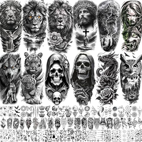75 Blätter Realistisch Löwe Tiger Temporäre Tattoos Damen Herren Klebetattoos Erwachsene, Wasserfest Schwarz Skelett Halloween Fake Tattoo Aufkleber Frauen Männer Jesus Christus Wolf Tattoo Drachen