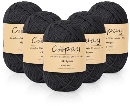 Coopay Wolle zum Häkeln, 225g (5x45g) Weiches Häkelgarn, 5 Faiding Wolle zum Stricken, Babywolle zum Häkeln für Anfänger, Super Weich Häkelgarn Babywolle für Häkel- und Strickprojekt - Schwarz