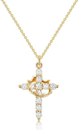 Dryxog Vergoldete Gepflasterte Kreuzkette mit Gedrehter Krone Drehbare Zirkon Elegante Kreuzanhänger-Kette Modische Goldkette Modeschmuck Kreuzsymbol Taufe Geschenke für Frauen