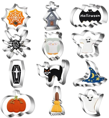 Geist Ausstecher Set, 12 Stück Halloween Keksformen aus Edelstahl, Fledermaus Ausstecher und Gespenst für DIY Kekse, Kuchen und Partydekoration