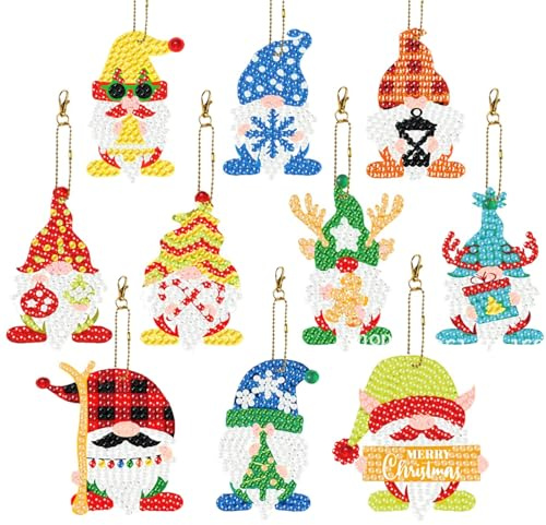 Nirecu 10 Stück Wichtel Diamond Painting Weihnachten Set,5D Diamond Painting Weihnachten Anhänger Kinder,DIY Diamant Malerei Schlüsselanhänger Beidseitig für Weihnachtsbaum Deko Adventskalender