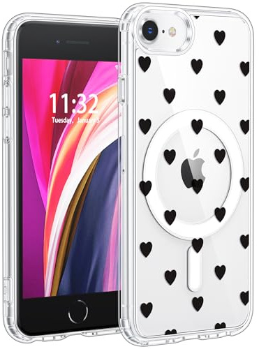 Jkvare for iPhone SE/8/7 Case, Crystal Clear Aesthetic Pattern Wireless Magnetic Protective Phone Cover for Women Girls - Polka Hearts