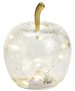 Seyila Home Dekorative Glas Apfel Leuchte mit LED Beleuchtung und Timer (unten), Crackle-Effekt Glas, Goldener Stiel, Weihnachtsdeko, Lampe (Transparent, 7 cm)
