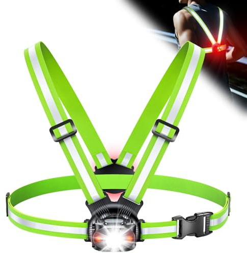 ISEYOU Lauflampe Joggen, Brustlampe Lauflicht mit rotem Rücklicht – Stirnlampe Alternative, 500 Lumen, 45° neigbar, USB-C aufladbar, IPX4, Doppelgurt mit 360° Reflektoren für Camping Outdoor Radfahren