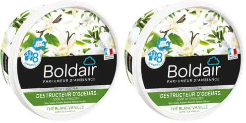 BOLDAIR - Gel destructeur d'odeur Thé Blanc Vanille - Neutralise les odeurs - parfume - Produit gel solide - Multi application - durée 8 semaines - 300g - Fabrication française (Lot de 2)