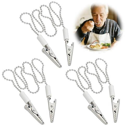 3X Serviettenkette Silber, Robuster Serviettenhalter Edelstahl mit Clip, 48cm Lätzchenkette für Senioren & Erwachsene, Verwandelt Tücher in Lätzchen, Metall, Rostfrei