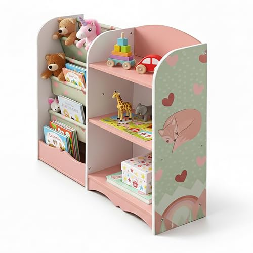 Relaxdays Kinderregal, HxBxT: 80 x 82 x 26 cm, 4 Fächer, 3 Hängefächer, Aufbewahrungsregal Kinderzimmer, MDF, rosa/grün