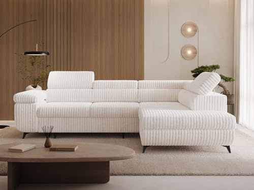 GRAINGOLD Argon L Ecksofa modern mit Bettfunktion, 255x190 cm, L-Form Sofa, Schlafcouch für Wohnzimmer, Cordstoff, 4-Sitzer Eckcouch, Ecksofa mit Bettkasten (Creme, Rechts)