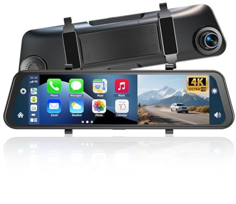 11.8 Mirror Dash Cam Front and Rear 4K+1080P, Car Camera DashCam with CarPlay and Android Auto, Rear View Mirror Dash Cam Night Vision Parking Assist G-Sensor 24H Parking Monitoring (with 64GB Card)