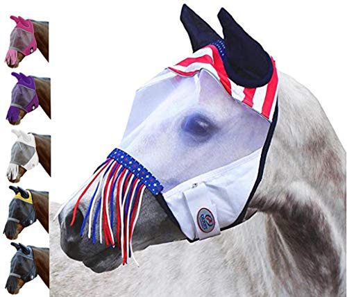 Derby Originals Patriotic Reflective Safety Horse Fly Mask with Ears and Nose Cover Fringes,Full Horse (Large)