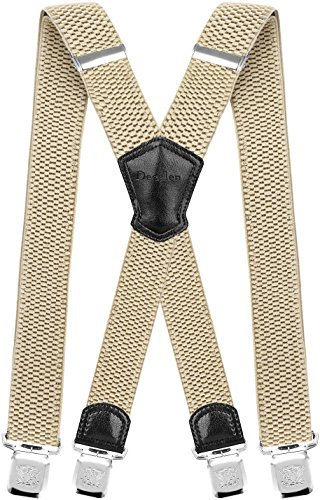 Decalen Hosenträger für Herren Breit 4 cm mit sehr Starken 4 Metall Clip Lang Einheitsgröße für Männer und Damen Einstellbar und Elastisch X Style (Hellbeige)