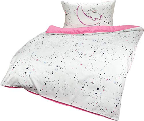 Lorena Lorenchen Mako-Satin Kinderbettwäsche Luna mit Hasen-Motiv in rosa für Mädchen 100% Baumwolle (Rosa, 100x135 + 40x60 cm)