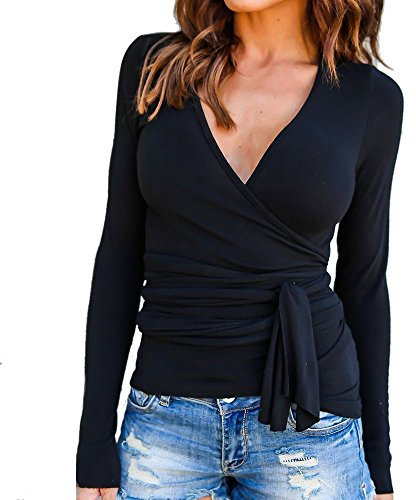 MVPKK T-Shirt Femme Chic Moulante Classique Top Col V Blouse en Coton Chemise Manches Longues Noeud Papillon Pull Sweat-Shirt à Capuche Automne Hiver (M, Noir)