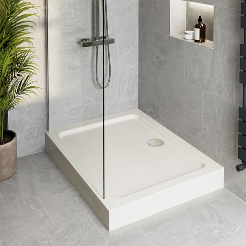 Podium® 1000 x 800 x 140mm White Bathroom Non Slip Tray for Enclosures Cubicles & Wet Room with Waste + Riser Kit, Rectangular