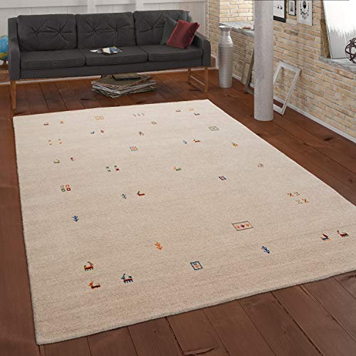 Paco Home Teppich Wohnzimmer Schlafzimmer Kurzflor Ethno Design Geometrisches Muster Handgearbeitet Gabbeh Moderne Deko, Grösse:120x170 cm, Farbe:Creme