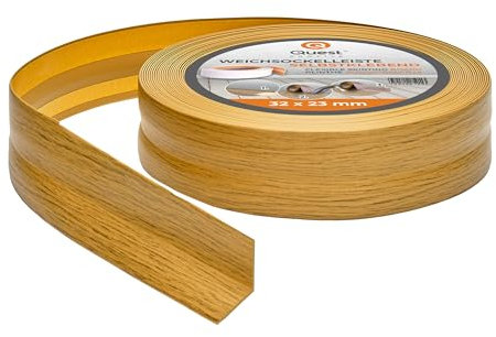 Quest Battiscopa Morbido Adesivo - 32 mm x 23 mm - Listello in PVC, Finitura Flessibile, Profilo Angolare per Cucina, Bagno, Parete, Pavimento - Decorativo (Rovere, 25m)