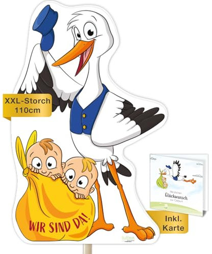 Storch zur Geburt Zwillinge I Wetterfest I Set: Storch + Holzstab + Glückwunschkarte I XL 110cm I Klapperstorch für draußen I Babystorch Deko Geschenk