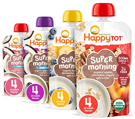 HAPPYTOT Organics Stage 4 Baby Food Pouches, Gluten Free, Super Morning Fruit & Oat Variety Pack Blend 4 Oz (Pack of 16), Amazon Exclusive