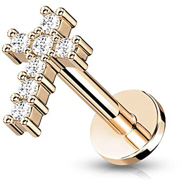 beyoutifulthings 1 Knorpel Ohr-Stecker Zirkonia Kreuz 6 mm Länge Roségold Clear Cartilage Labret Piercing-s Tragus Edelstahl Schraub-Verschluss