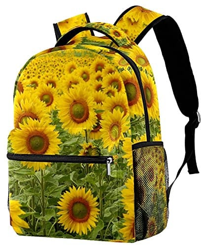 Leisure Daypacks Campus Travel Backpacks, Yellow Sunflower Bloom Plant Bags with Bottle Holder for Girls Boys