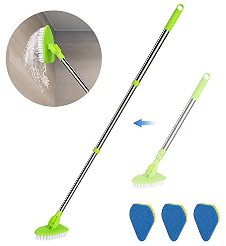JDNOZW 2 in 1 Scrub Cleaning Brush with 37” Long Extendable Handle,1 Stiff Bristle and 3 Sponge Brushes, Lightweigh Detachable Shower Scrubber for Cleaning Bathroom Shower Bathtub Glass Tile Floor