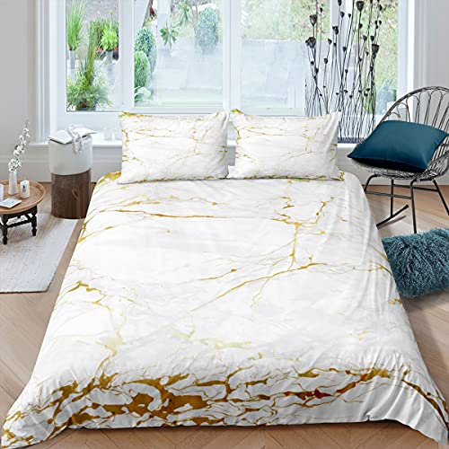 White Marble Duvet Cover Set King Abstract Stone Texture Bedding Set 3pcs for Kids Boys Teens Room Decor, White and Gold Marbling Comforter Cover Luxury Quilt Cover with 2 Pillowcases