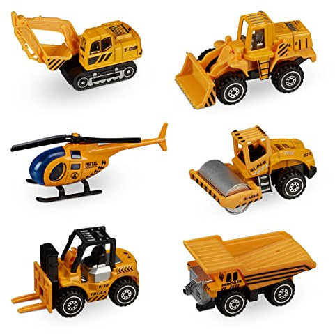 Relaxdays Baustellenfahrzeuge Kinder, 6er Set, Spielzeugautos, Mini Baustelle, ab 3 Jahre, Metallautos, orange-schwarz, 8,5 x3,5 x 5 cm