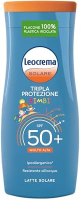 Leocrema - Crema Solare Bambini SPF 50+, Tripla Protezione dai raggi solari, Assorbimento Rapido e Resistente all'Acqua, 200ml
