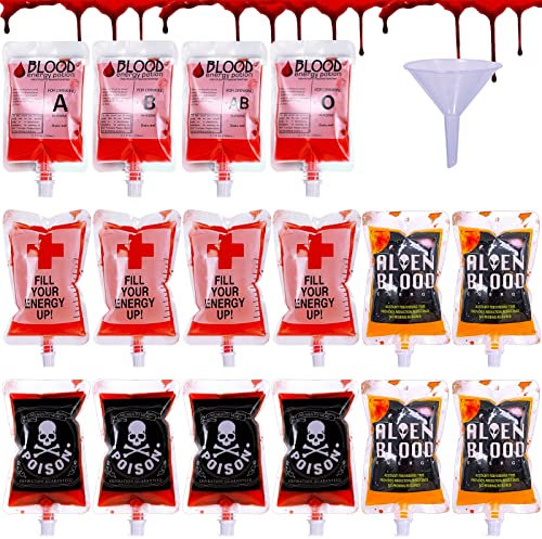16 Stück Halloween Blutbeutel mit Einem Trichter, Halloween Trinkgefäß, Blutbeutel für Getränke, Blutbeutel Zum Befüllen Blutbeutel IV Taschen, Halloween Deko Blutbeutel, für Halloween Cosplay Zombie