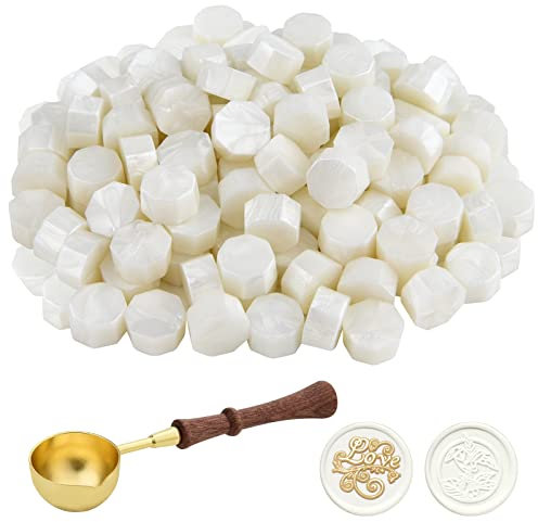 ASTARON 100 Pcs Pearl White Sealing Wax Beads, Octagon Wax Seal Kit with 1 Wax Melting Spoon, Perfect for Invitations, Envelopes, Wine Packages, Gift Wrapping
