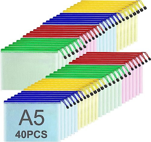 ASelected 40 Stücke Dokumententasche A5 Reißverschluss, Mesh Kunststoff Reißverschlusstasche, Datei Taschen mit Reißverschluss A5, Zipper Taschen für Datei, Dokumente, Hausaufgaben, Reisezubehör…