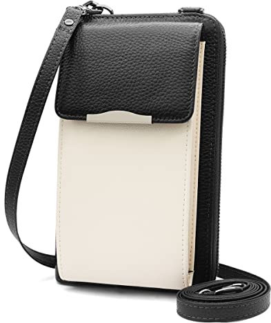 Handytasche zum Umhängen Leder Handy Umhängetasche Damen RFID Geldbörse Damen mit 18 Kartenfächern Klein Handytasche mit Geldbörse zum Umhängen für Handy unter 7,2 (Schwarz-weiß)